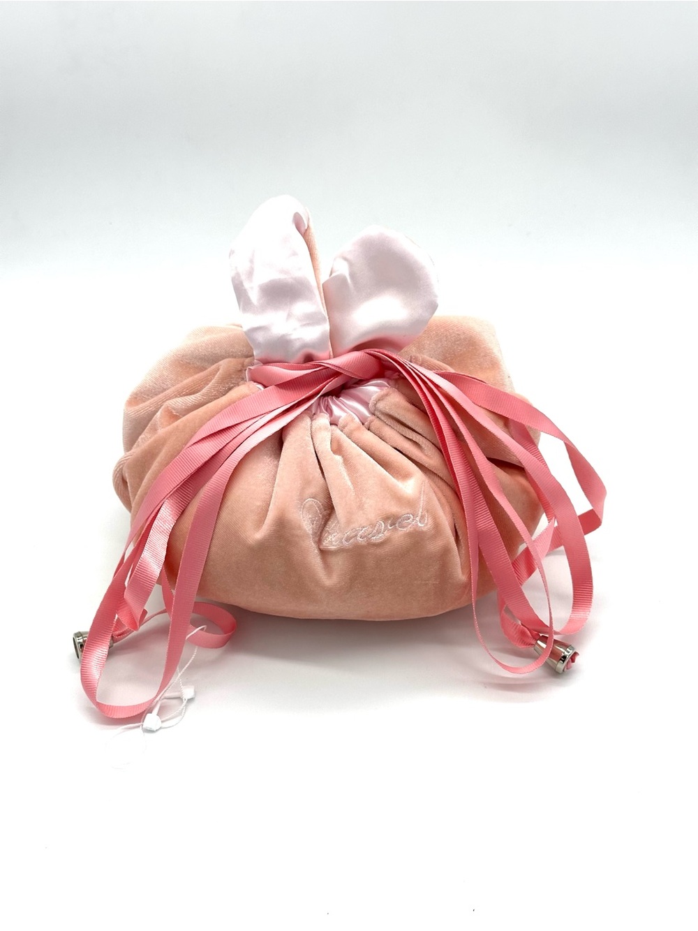Velvet Drawstring Pouch Cosmetic Travel Bag with Ribbon Accent - Pink Peach